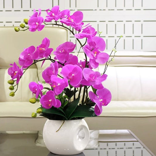 Artificial Phalaenopsis Flower Potted with Leaves Branches